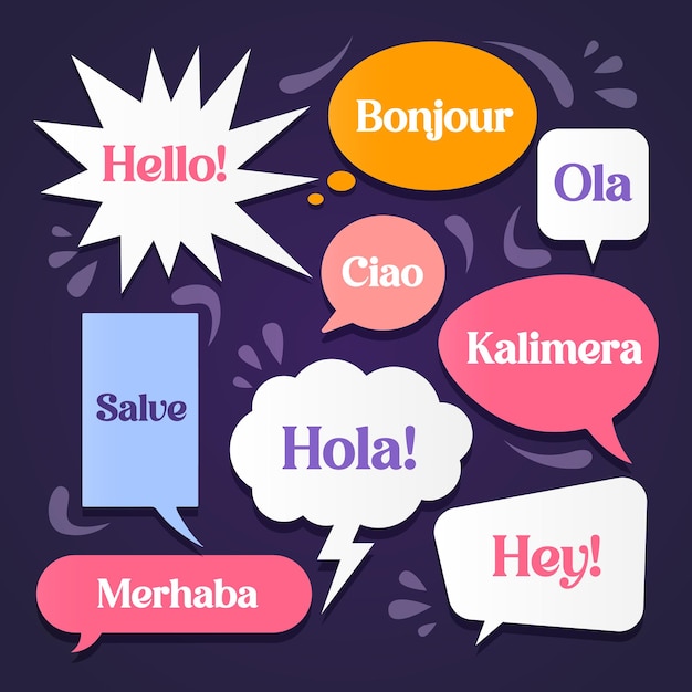 Diferentes formas de bolhas de fala adesivos com saudações palavras em diferentes línguas