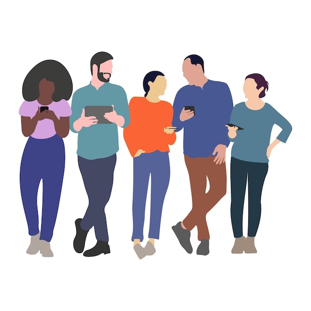 Diferentes jovens falando e usando smartphones Pessoas de pé corpo inteiro vetor Flatstyle