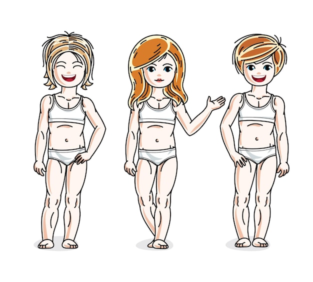 Vetor diferentes meninas bonitas crianças de pé em roupa interior branca. set de ilustrações de crianças vetoriais.