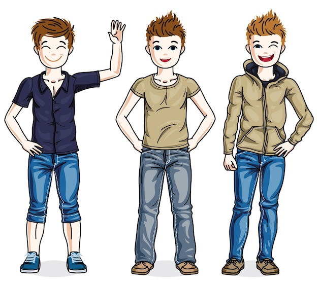 Vetor diferentes meninos adolescentes bonitos crianças em pé vestindo roupas da moda casuais. conjunto vetorial de ilustrações de crianças lindas.