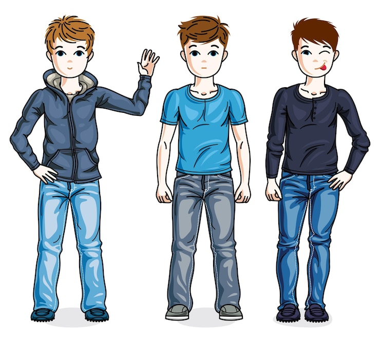 Vetor diferentes meninos adolescentes bonitos filhos em pé em roupas casuais elegantes. conjunto vetorial de ilustrações de crianças lindas.