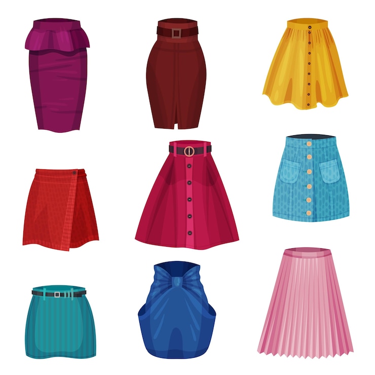 Vetor diferentes modelos de saia com conjunto vetorial de saia e saia de tubo