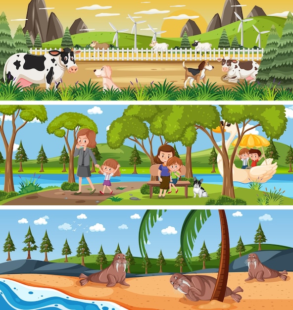 Diferentes paisagens naturais com personagens de desenhos animados