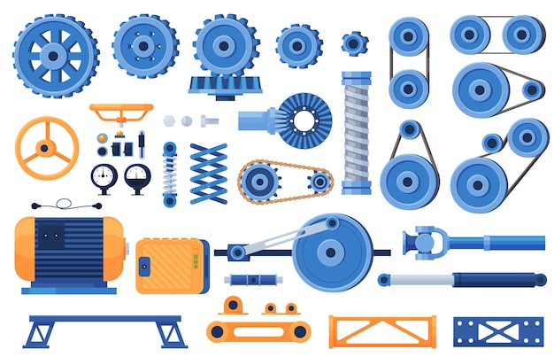 Vetor diferentes partes do mecanismo unidades de energia mecânica que podem ser montadas a partir de vários tipos de peças ilustração em vetor