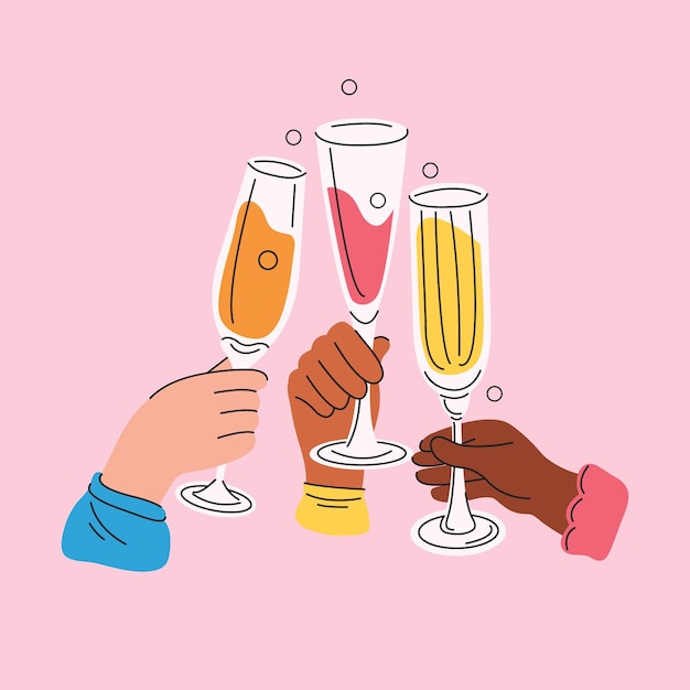 Vetor diferentes pessoas internacionais bebendo brinde à amizade amigos mãos segurando copos de vinho branco e tinto felicidades celebração e parabéns ilustração em vetor plano gráfico colorido