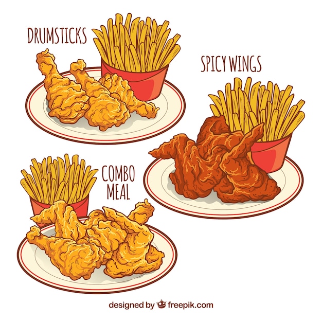 Diferentes pratos com frango frito e batatas