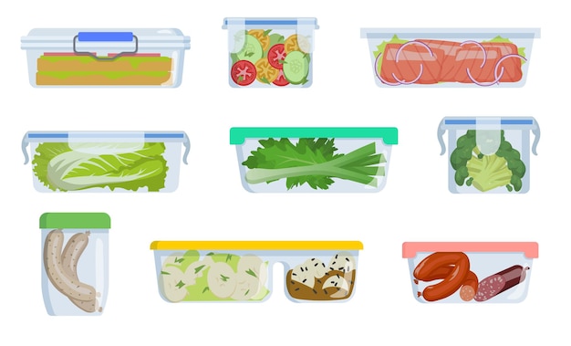 Vetor diferentes recipientes de plástico com ilustração de comida