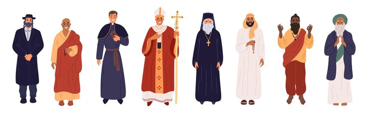 Vetor diferentes religiões sacerdotes personagens religiosos em roupas cerimoniais adoração de deus cristãos e muçulmanos várias orações de fé judaísmo islamismo ou hinduísmo povo set de vetores garish