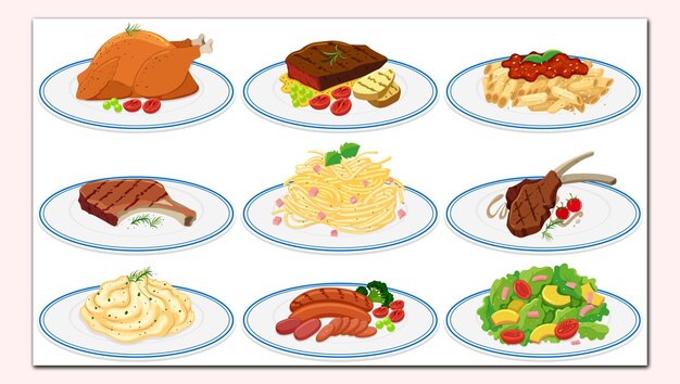 Vetor diferentes tipos de comida nos pratos