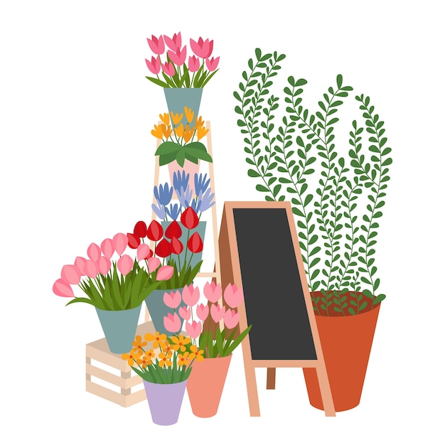 Diferentes tipos de flores definidas com quadro de rua vetor plano ilustração flores loja de rua
