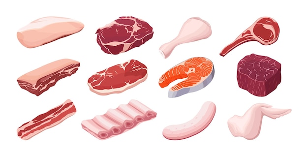 Vetor diferentes tipos de ilustrações vetoriais de carne crua em estilo cartoon. filé de frango, peixe, bife,