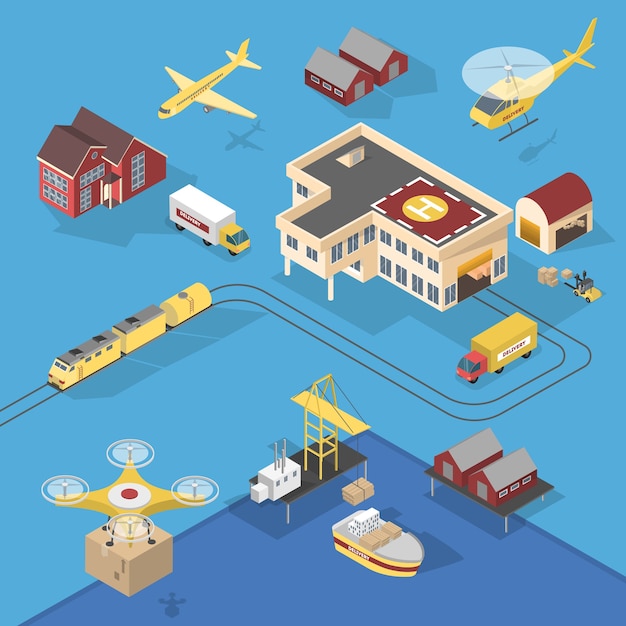 Diferentes tipos de serviços de entrega. Navio e caminhão, aeronave e ferrovia. Rede logística mundial. ilustração isométrica