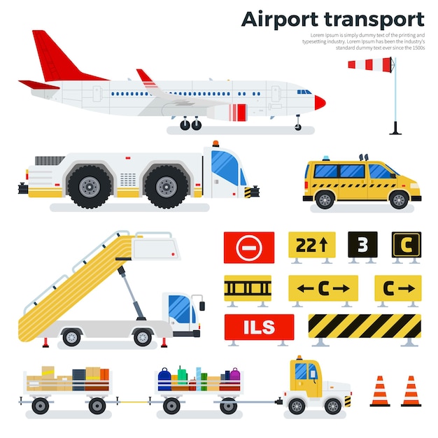 Diferentes tipos de transporte trabalhando no aeródromo cargas, bagagem, carros, escada e sinais de trânsito