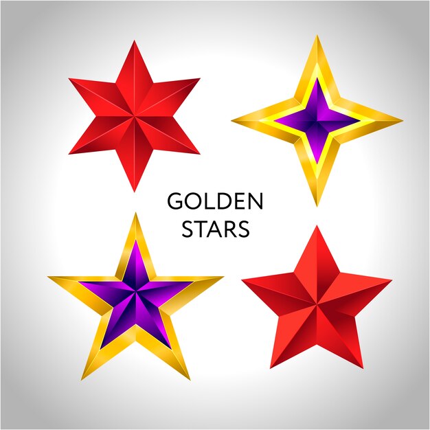 Diferentes tipos e formas de estrelas douradas. Ilustração para desenho em fundo branco