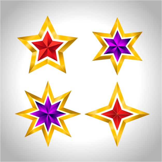 Diferentes tipos e formas de estrelas douradas. Ilustração