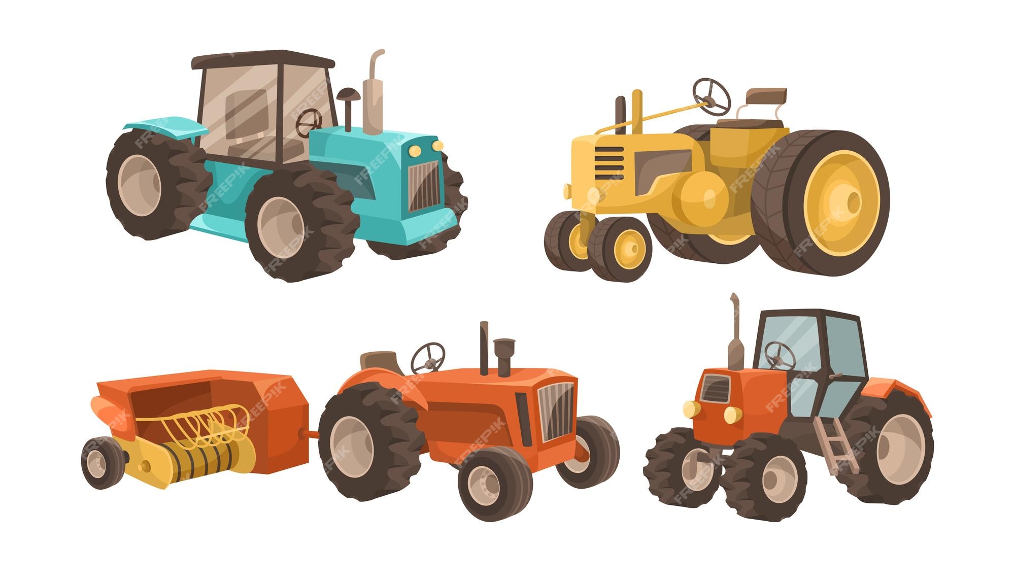 Conjunto de desenhos com trator agrícola de diferentes pontos de vista