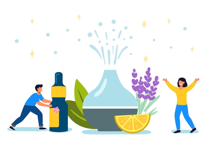 Vetor difusor ultrassônico decorativo e flores de lavanda para meditação e frescor aromaterapia