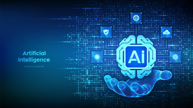 Digital brain icon made with binary code in hand Artificial Intelligence technology concept Neural network Machine learning Big data Binary code background with digits 10 Vector illustration