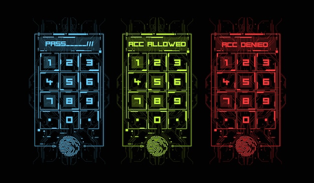 Digitalização de dedo no estilo futurista. Identificação biométrica com interface futurista HUD. Ilustração do conceito de tecnologia de digitalização de impressão digital. Painel de controle com senha.