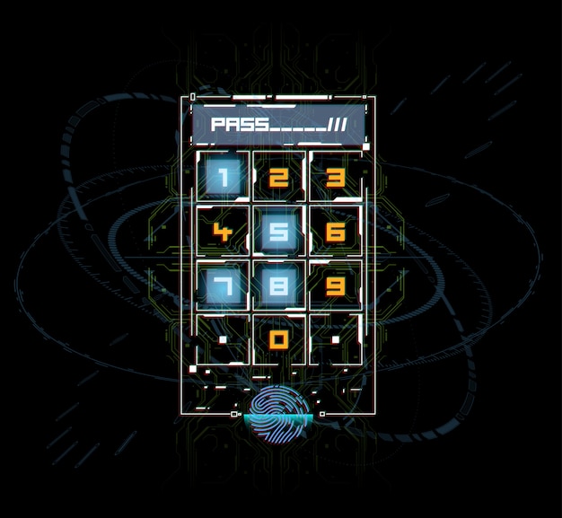 Digitalização de dedo no estilo futurista. Identificação biométrica com interface futurista HUD. Ilustração do conceito de tecnologia de digitalização de impressão digital. Painel de controle com senha.