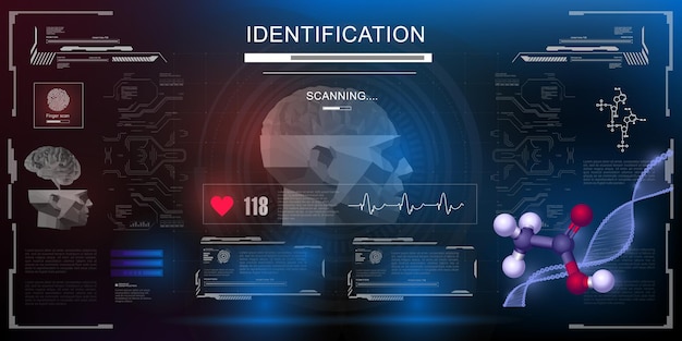 Digitalização do rosto de uma pessoa Identificação pessoal Análise bioquímica do cérebro Scanner tecnológico de reconhecimento de rosto biométrico na interface de interface do usuário do HUD GUI