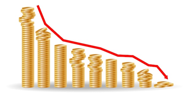 Vetor diminuindo as pilhas de moedas com o conceito gráfico descendente para a queda financeira