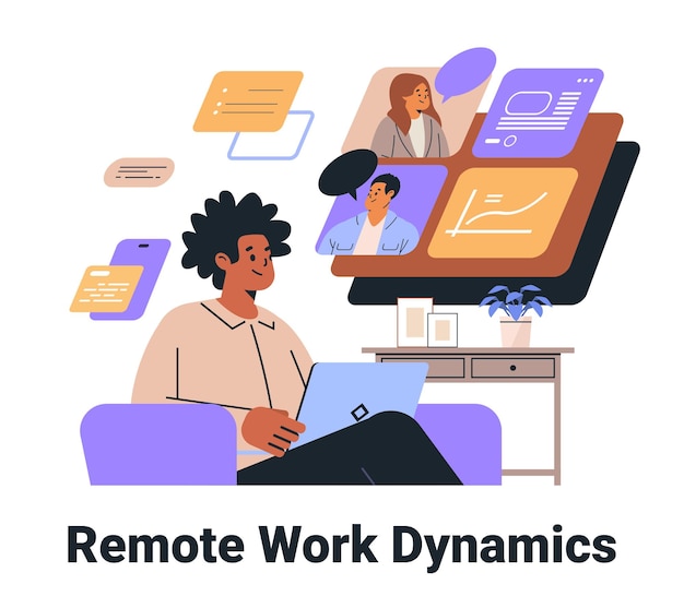 Dinâmica de trabalho remoto conceito colaboração digital escritório em casa configuração de equipe diversificada reunião virtual gráficos coloridos laptop espaço de trabalho moderno