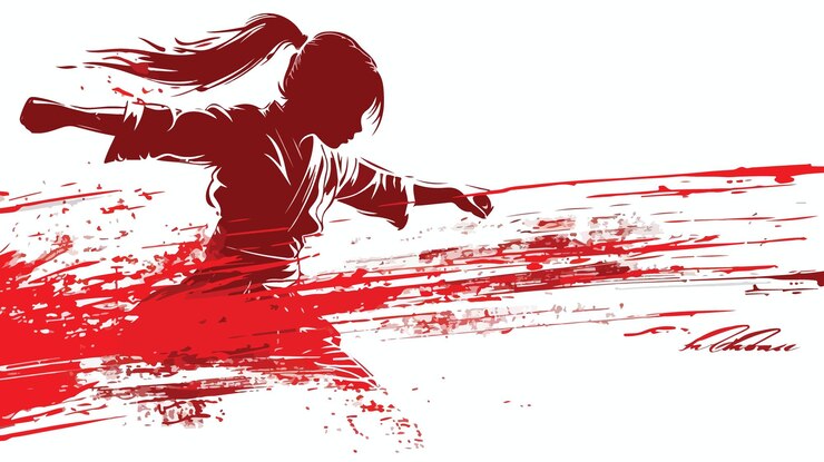 Vetor dinâmica taekwondo girl silhueta vermelha estêncil desenho com caligrafia