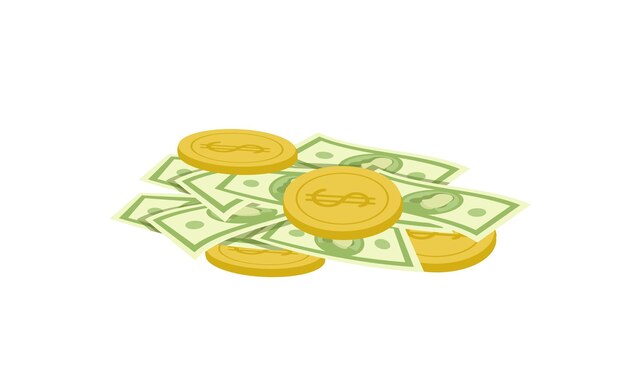 Dinheiro de papel e moedas sobre um fundo branco