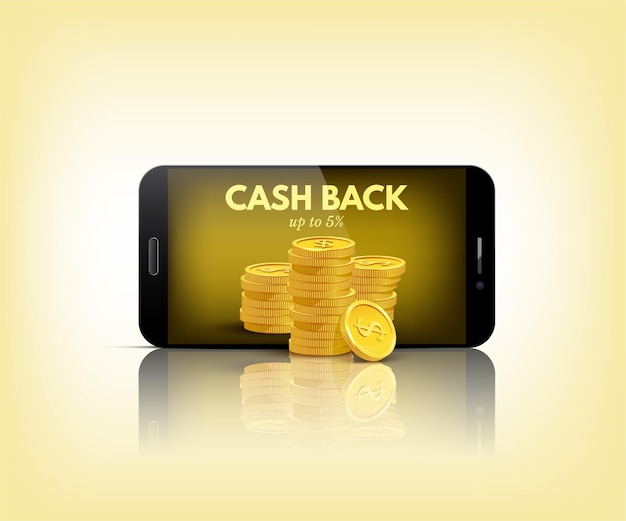 Dinheiro de volta com ilustração conceitual de telefone inteligente com pilha de moedas em fundo amarelo