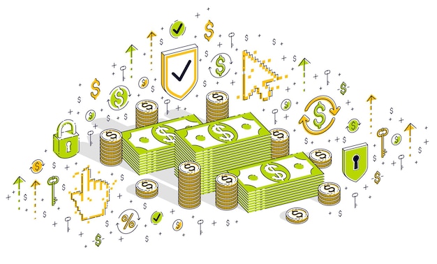 Dinheiro dinheiro dólar pilhas e pilhas de centavos de moedas isoladas no fundo branco. ilustração 3d isométrica de finanças e negócios com ícones, gráficos de estatísticas e elementos de design.