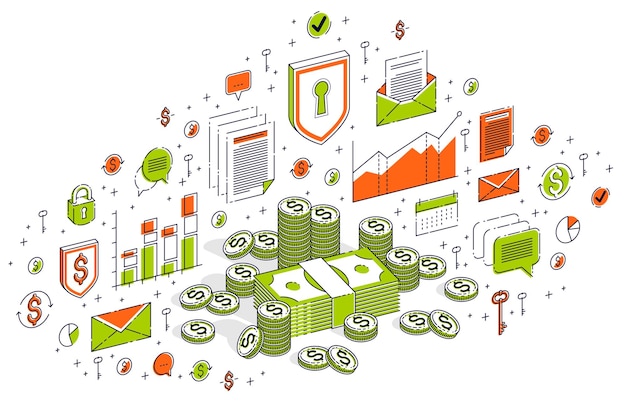 Dinheiro dinheiro dólar pilhas e pilhas de centavos de moedas isoladas no fundo branco. ilustração 3d isométrica de finanças e negócios com ícones, gráficos de estatísticas e elementos de design.