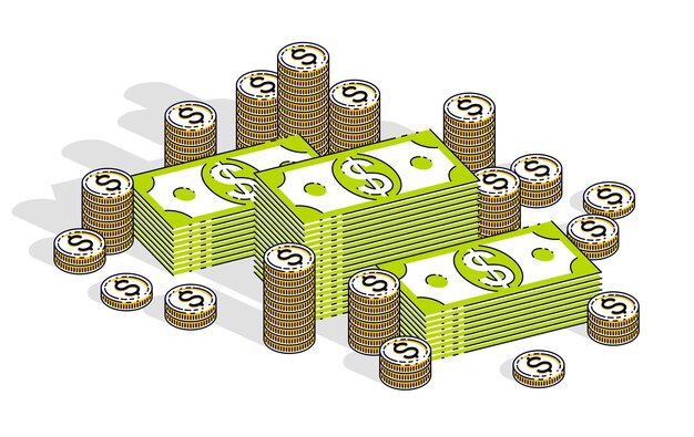 Vetor dinheiro dinheiro dólar pilhas e pilhas de centavos de moedas isoladas no fundo branco. ilustração em vetor 3d isométrica de negócios e finanças, design de linha fina.