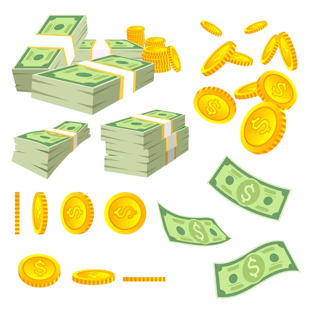 Dinheiro dos desenhos animados. Notas de dólar e moedas de ouro