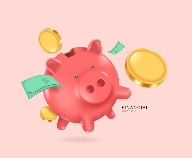 Dinheiro ou moedas de ouro flutuam no ar e caem no compartimento de moedas do cofre rosa pastel