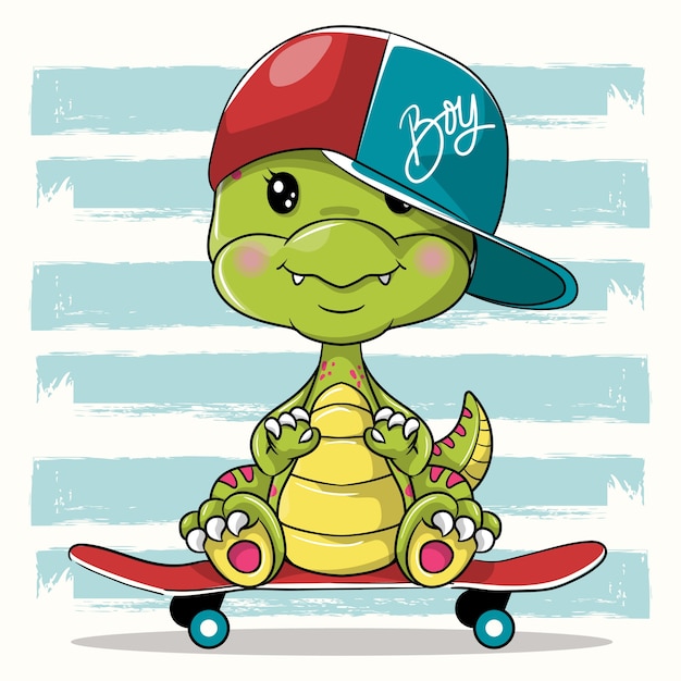 Dino bonito dos desenhos animados com skate no fundo branco