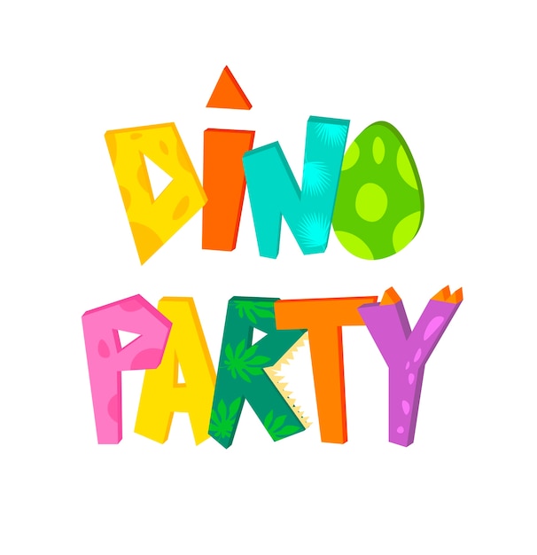 Dino festa bonito mão letras texto. Ilustração para camisetas infantis, festa de dinossauros, aniversários, cartões, convites, modelo de banners.