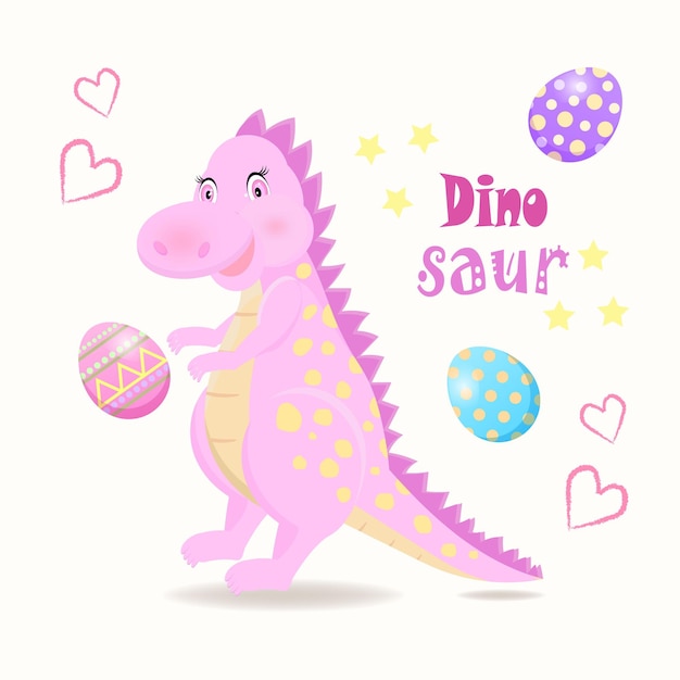 Vetor dino princess cute dino rosa cartoon dino vector ilustração desenhada à mão ilustração isolada dos desenhos animados para criança jogo livro camiseta têxtil