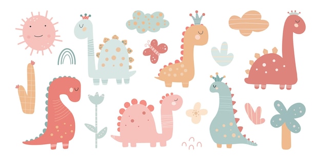 Dinosaur Girls Cute Set com plantas, árvores, pedras. Arte simples para bebês.