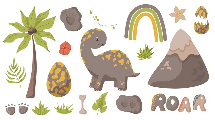 Vetor dinosauro e conjunto de arco-íris ilustrações predador de garras de pata