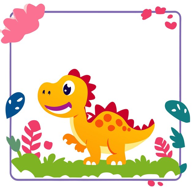 Vetor dinosauro flashcard folha de trabalho pré-escolar moldura desenhada à mão plano elegante adesivo de desenho animado conceito de ícone