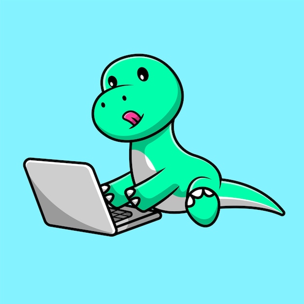 Dinossauro bonitinho jogando computador cartoon ilustração em vetor ícone