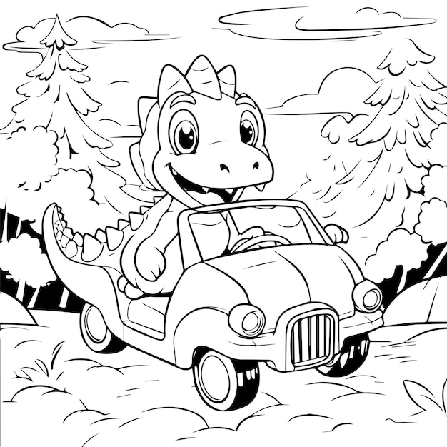 dinossauro bonito dirigindo um carro ir para a floresta colorir ou página