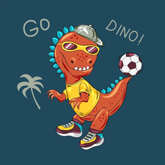 Dinossauro bonito e legal jogando futebol Desenho animado linha arte ilustração vetorial do personagem mascote Design para impressão perfeita para roupas de pijama de camiseta de meninos