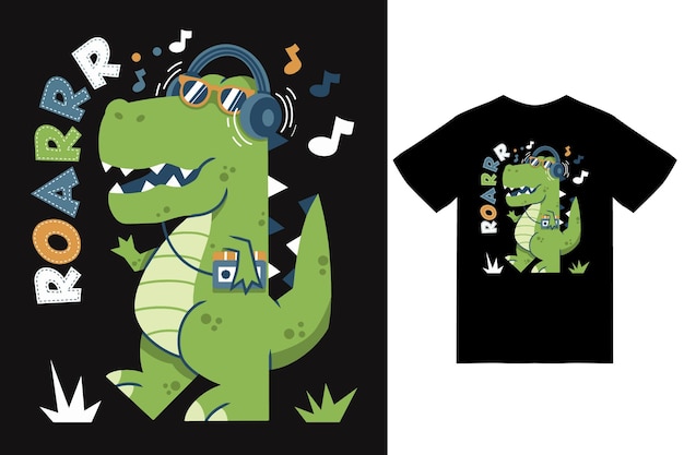 Dinossauro bonito ouvindo ilustração de música com design de camiseta vetor premium