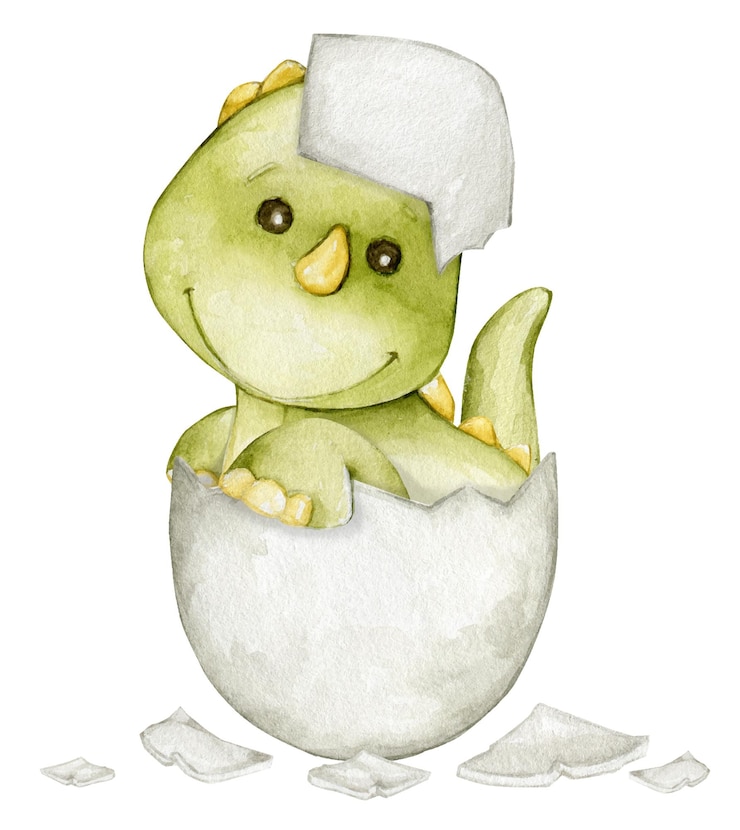 Dinossauro bonito sentado em um ovo Clipart de aquarela em estilo cartoon animal pré-histórico cor verde
