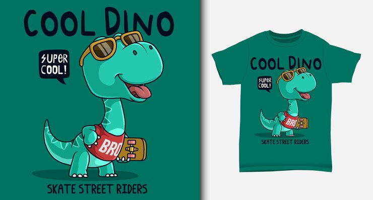 Vetor dinossauro carregando um skate. com design de t-shirt.