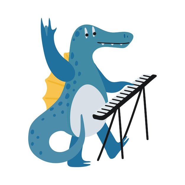 Dinossauro engraçado toca em um piano eletrônico em estilo cartoon, isolado em um fundo branco. personagens de animais fofos brilhantes para crianças. ilustração vetorial