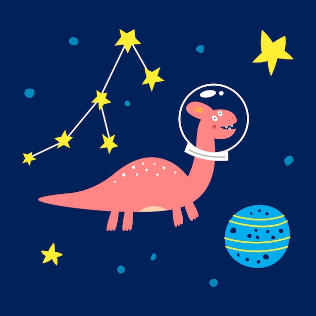 Dinossauro espacial, ilustração vetorial para moda infantil.