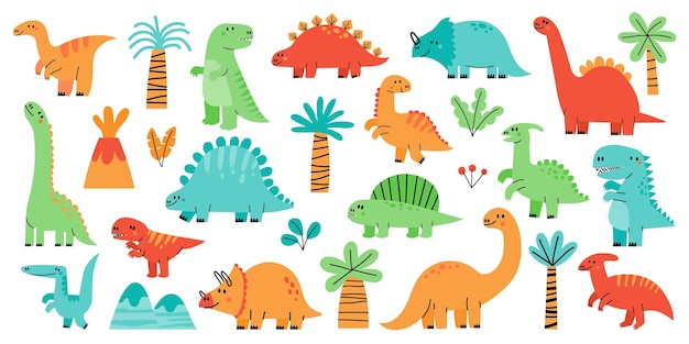 Dinossauro fofo adorável desenho animado bebê dino engraçado infantil coleção de animais escandinavos doodle jardim de infância personagem clipart conjunto de vetores